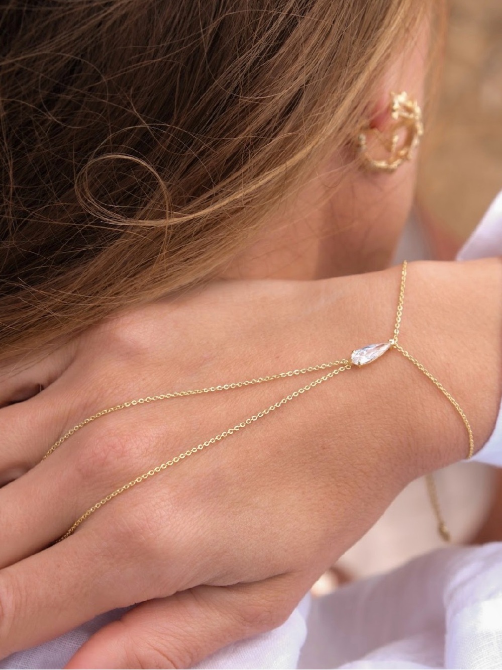 3/$40! 14k Gold Plated Hand Chain Bracelet with Rhodium Plated Crystal Stone